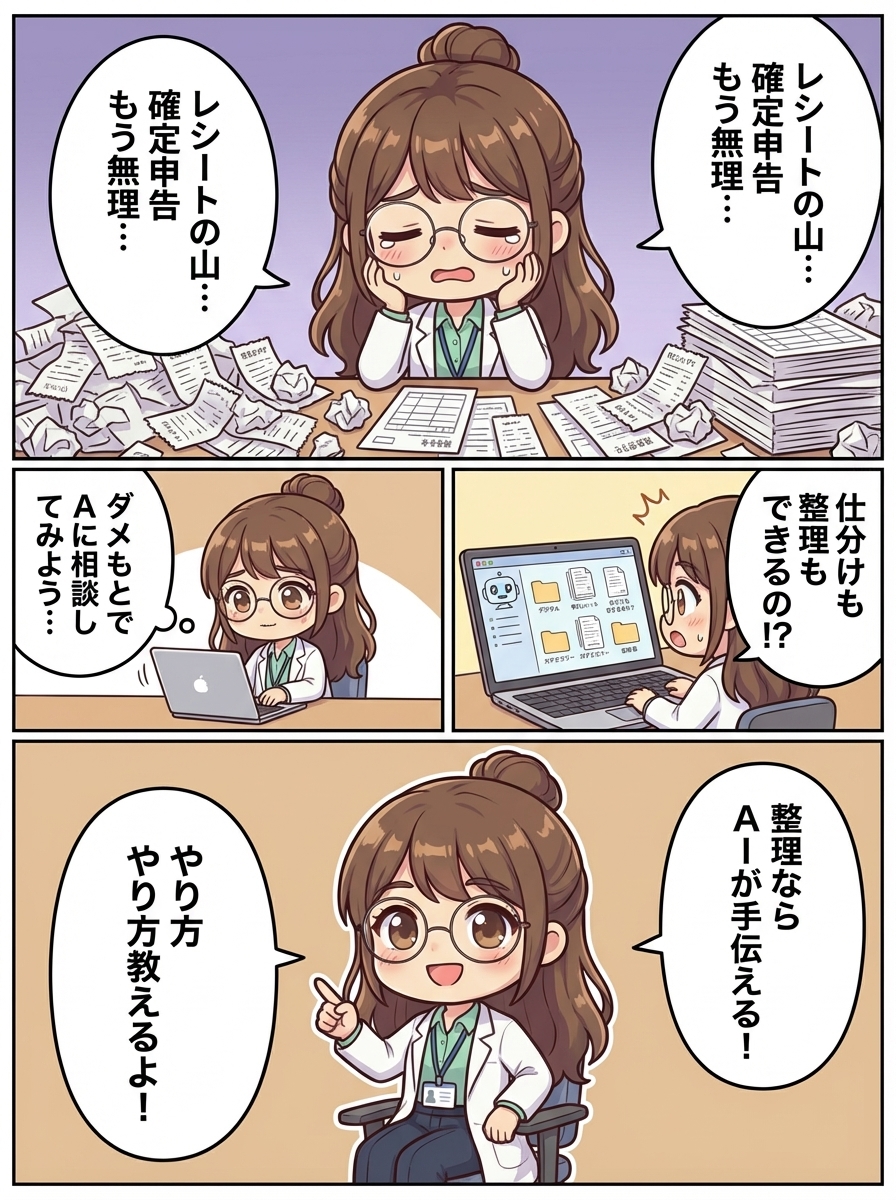 確定申告をAIに手伝ってもらう方法｜フリーランスママの時短テクニック 冒頭漫画
