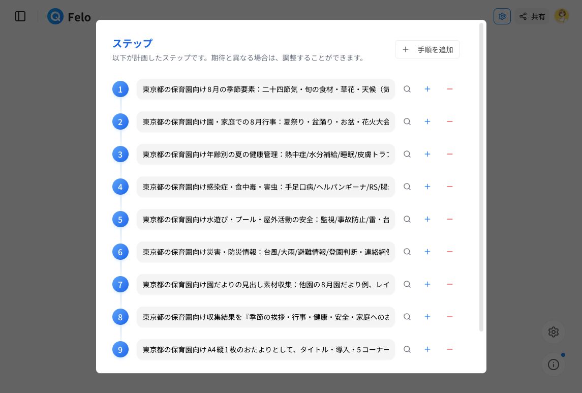 本文案とA4配置案を追加したFelo Agentの9ステップ実行計画