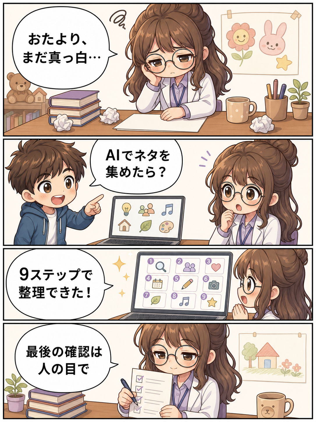 おたより作成でAIに任せることと人が確認することを伝える4コマ漫画