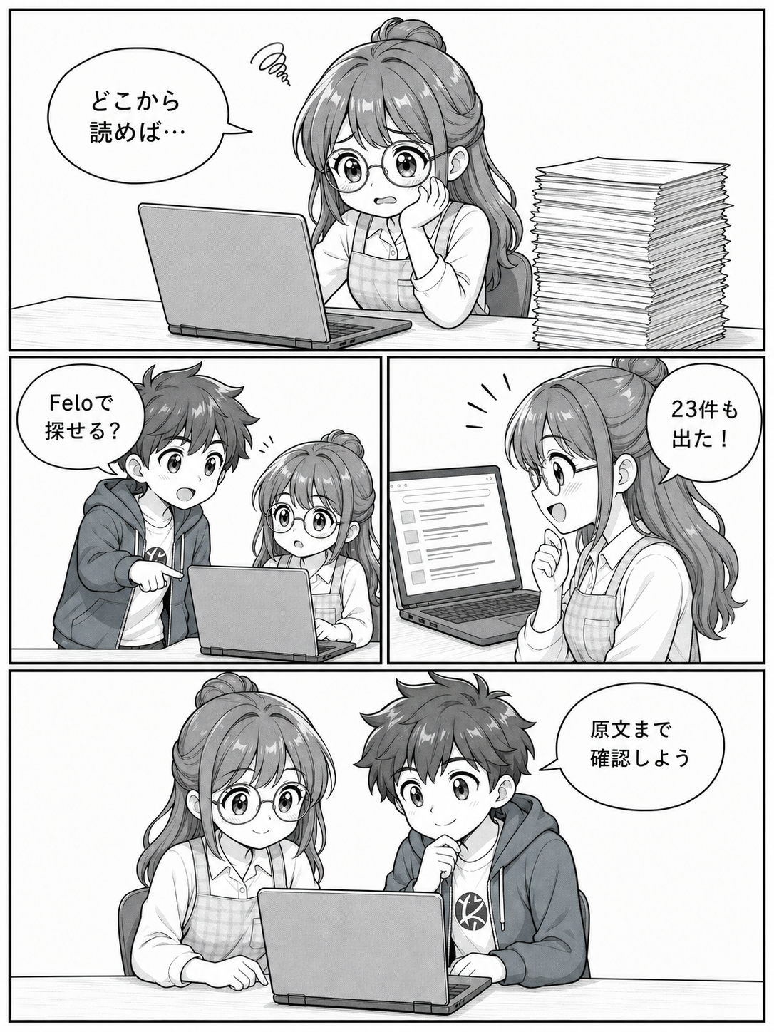 Feloで保育所保育指針の公的原文を探す流れを描いた4コマ漫画