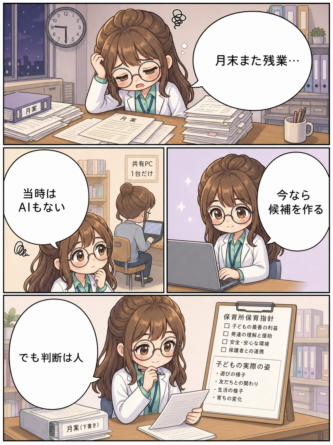月末の月案残業を振り返り、現在はAIを文章候補の補助に使い最終判断は人が行う4コマ漫画
