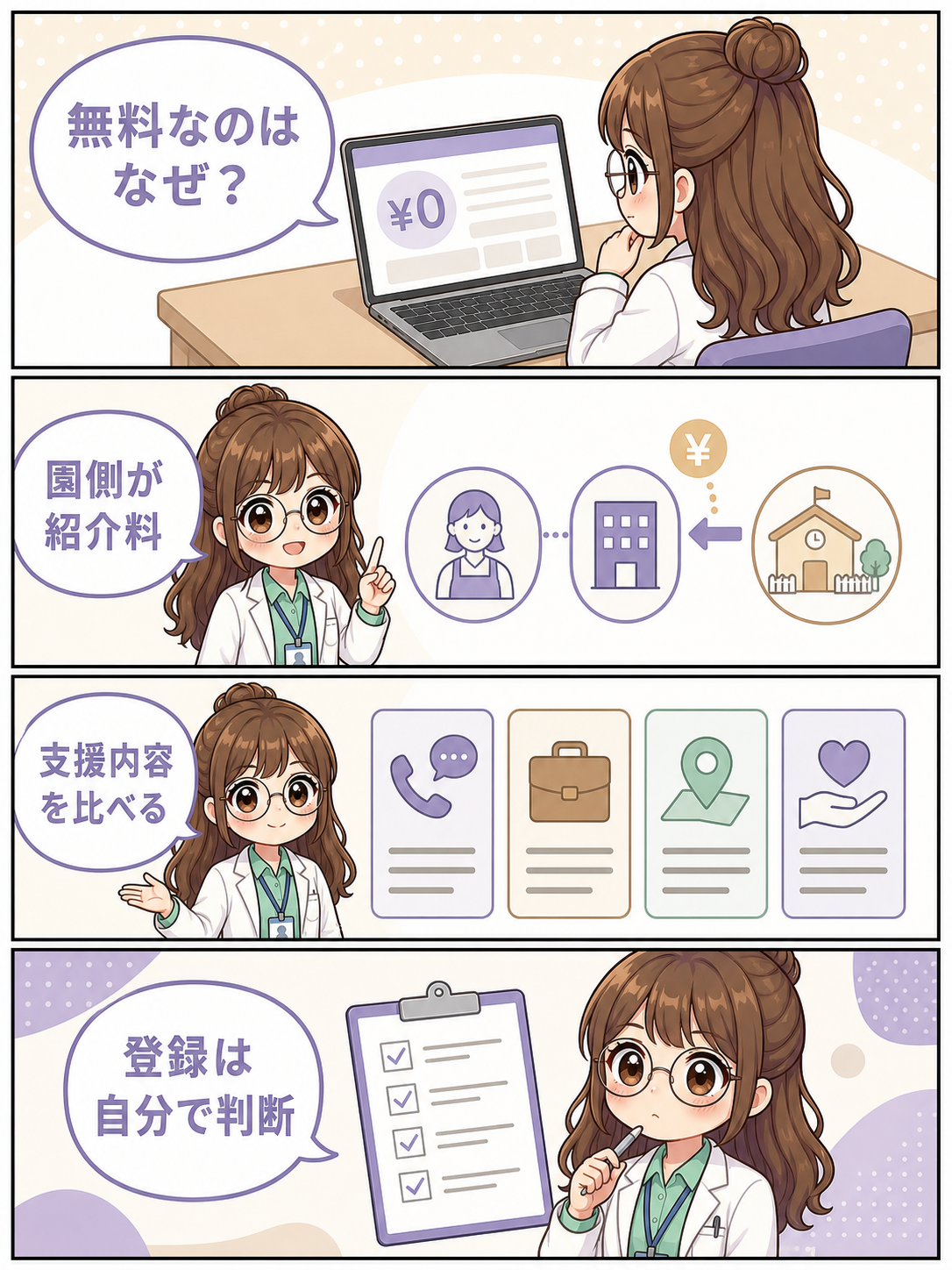保育士向け転職支援が無料で使える仕組みと、支援内容を比べて自分で判断する流れの4コマ漫画