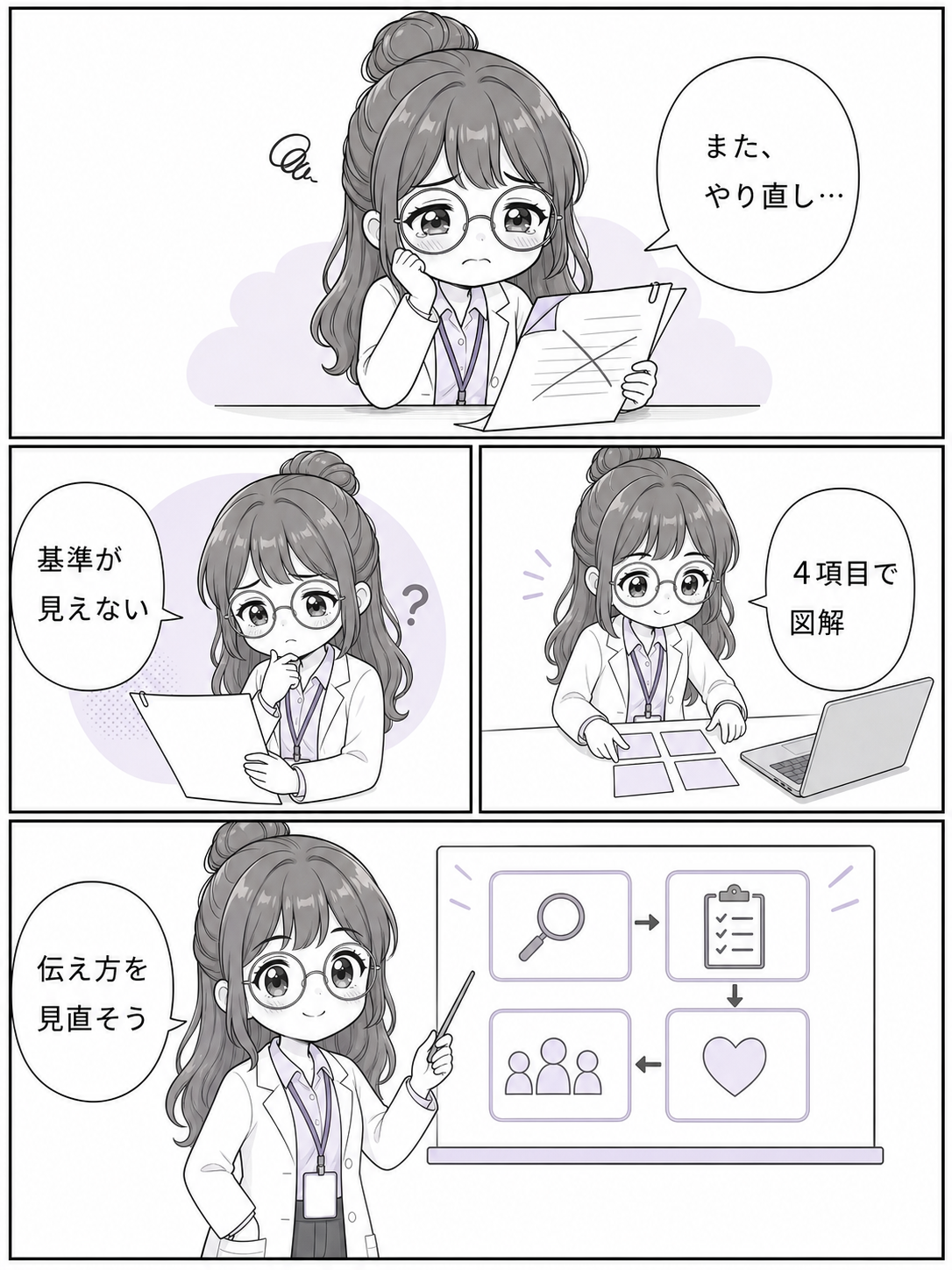 月案の修正基準がわからず悩んだ経験から4項目の図解を考える4コマ漫画